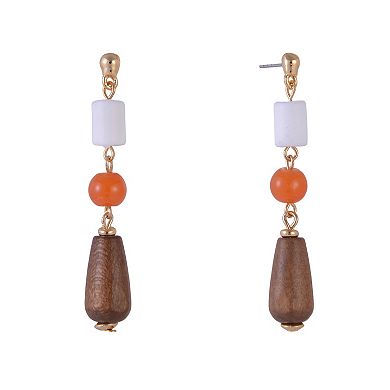 Emberly Gold Tone Ivory, Orange & Wood Beads Linear Drop Earrings