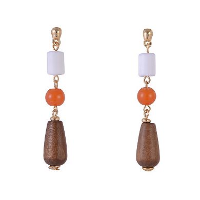 Emberly Gold Tone Ivory, Orange & Wood Beads Linear Drop Earrings