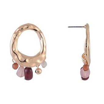 Emberly Gold Tone Hammered Oval Earrings with Beaded Drops