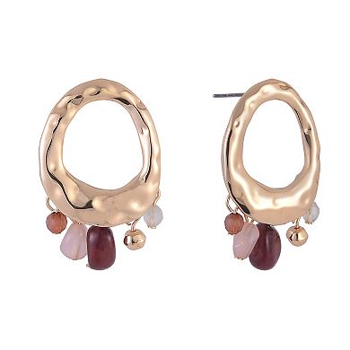 Emberly Gold Tone Hammered Oval Earrings with Beaded Drops