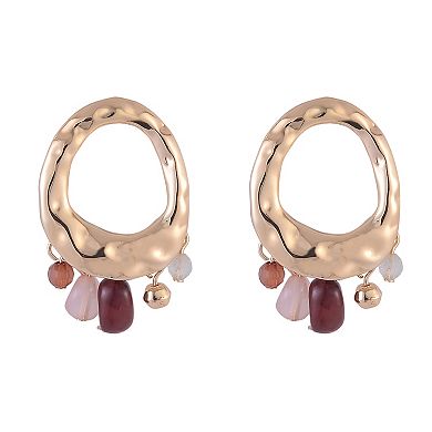 Emberly Gold Tone Hammered Oval Earrings with Beaded Drops