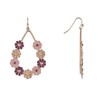 Emberly Gold Tone Teardrop Earrings with Enamel Flowers