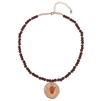 Emberly Gold Tone Wood Bead Hammered Pendant Necklace