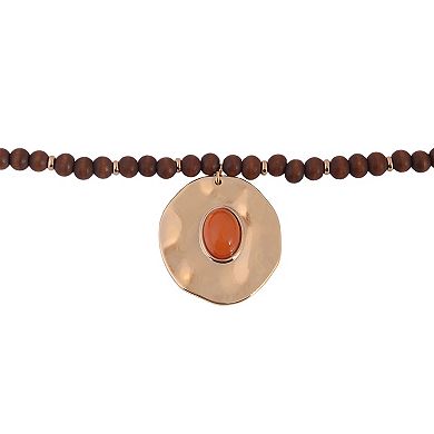 Emberly Gold Tone Wood Bead Hammered Pendant Necklace
