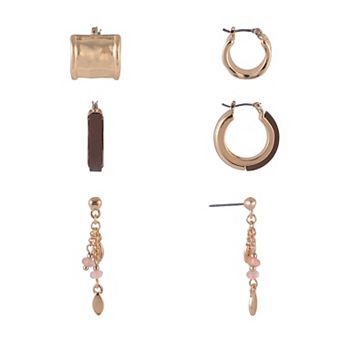 Emberly 3-Pair Gold Tone Earring Set with Wood Inlay