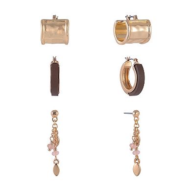Emberly 3-Pair Gold Tone Earring Set with Wood Inlay
