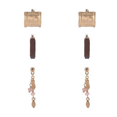Emberly 3-Pair Gold Tone Earring Set with Wood Inlay