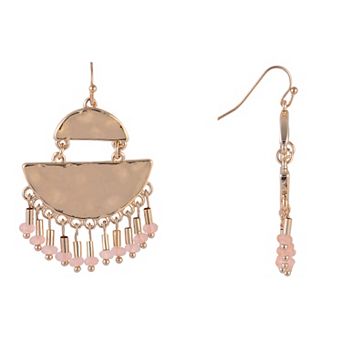 Emberly Gold Tone Hammered Drop Earrings with Pink Bead Accents
