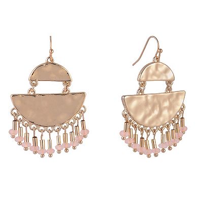 Emberly Gold Tone Hammered Drop Earrings with Pink Bead Accents