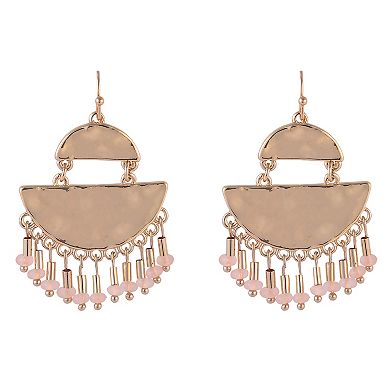 Emberly Gold Tone Hammered Drop Earrings with Pink Bead Accents