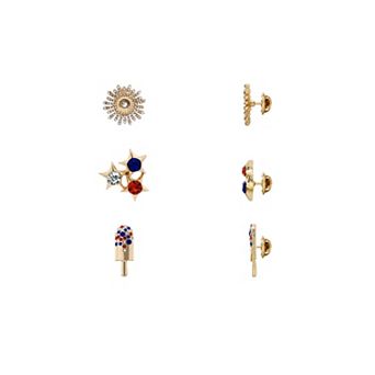 Emberly Gold Tone Glass Stone Triple Star, Starburst, And Popsicle Pin Set