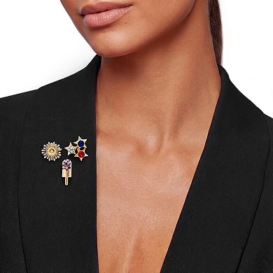 Emberly Gold Tone Glass Stone Triple Star, Starburst, And Popsicle Pin Set