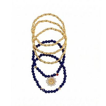 Emberly Gold Tone Blue Beads With Glass Stone Starburst Charm Bracelet Set