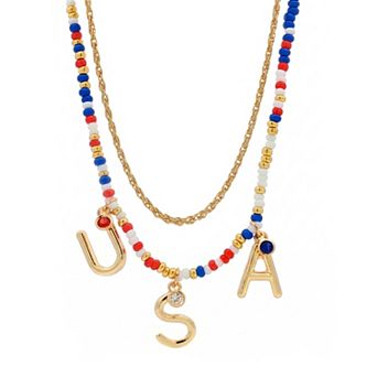 Emberly Gold Tone Beaded "USA" Charms Necklace Set