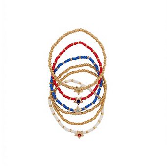 Emberly Gold Tone White, Blue, And Red Beads Glass Stone Star Bracelet Set