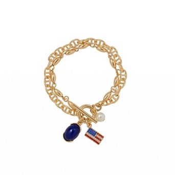 Emberly Gold Tone Simulated Pearl And Glass Stone Flag Charms Double Layer Bracelet