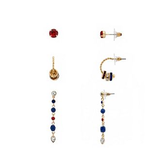 Emberly Gold Tone Glass Stone Stud, Twisted Hoop, And Beaded Drop Earrings Set