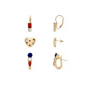 Emberly Gold-Tone Red, White & Blue Heart Drop & Hoop Earrings Set