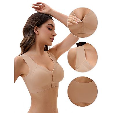 3 Packs Women's Front Closure Full Coverage Vest Wirefree Wave Trim U Back Soft Bras