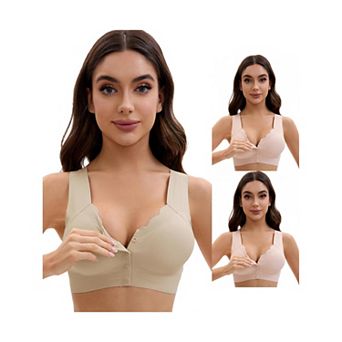 3 Packs Women's Front Closure Full Coverage Vest Wirefree Wave Trim U Back Soft Bras