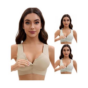 3 Packs Women's Front Closure Full Coverage Vest Wirefree Wave Trim U Back Soft Bras