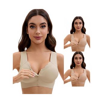 3 Packs Women's Front Closure Full Coverage Vest Wirefree Wave Trim U Back Soft Bras