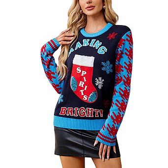 Women's Funny Cute Snowflake Print Long Sleeve Knit Xmas Sweaters Pullover Sweat Shirt