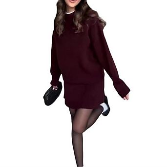 Women Casual College Style Sweater Skirt Sets 2 pc Outfits Loose Fit Pullover Knitted Mini Skirt