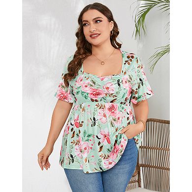 Women's Plus Size Flowy Babydoll Top Casual Soft Blouse with Chest Tucks