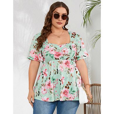Women's Plus Size Flowy Babydoll Top Casual Soft Blouse with Chest Tucks