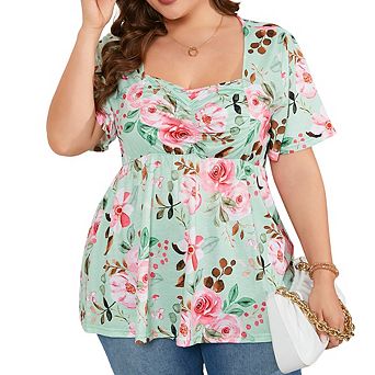 Women's Plus Size Flowy Babydoll Top Casual Soft Blouse with Chest Tucks