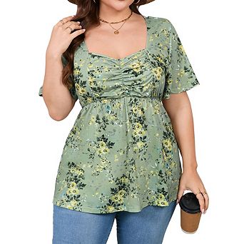 Women's Plus Size Flowy Babydoll Top Casual Soft Blouse with Chest Tucks