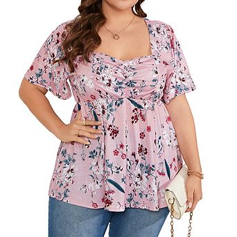Women's Plus Size Flowy Babydoll Top Casual Soft Blouse with Chest Tucks