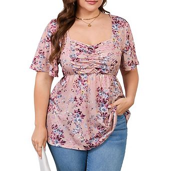 Women's Plus Size Flowy Babydoll Top Casual Soft Blouse with Chest Tucks