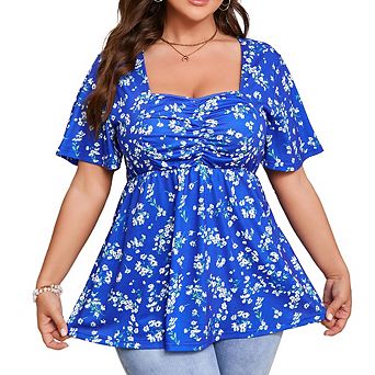 Women's Plus Size Flowy Babydoll Top Casual Soft Blouse with Chest Tucks