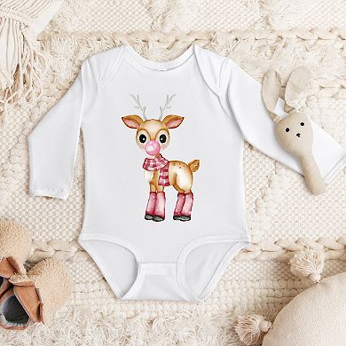 Watercolor Reindeer Bubblegum - Long Sleeve Bodysuit