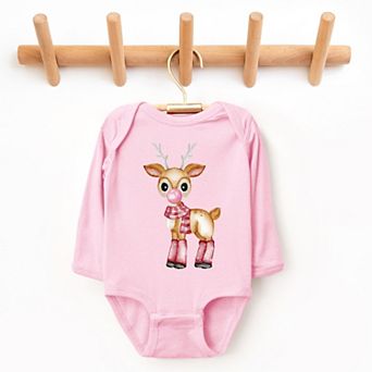 Watercolor Reindeer Bubblegum - Long Sleeve Bodysuit