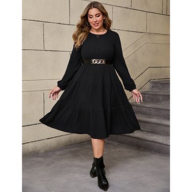 Women Plus Knit Sweater Dress Round Neck Long Sleeves Comfy Pullover Winter Midi Dress with Belt