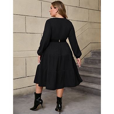 Women Plus Knit Sweater Dress Round Neck Long Sleeves Comfy Pullover Winter Midi Dress with Belt