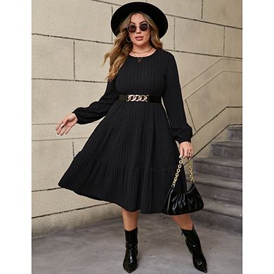 Women Plus Knit Sweater Dress Round Neck Long Sleeves Comfy Pullover Winter Midi Dress with Belt