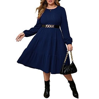 Women Plus Knit Sweater Dress Round Neck Long Sleeves Comfy Pullover Winter Midi Dress with Belt