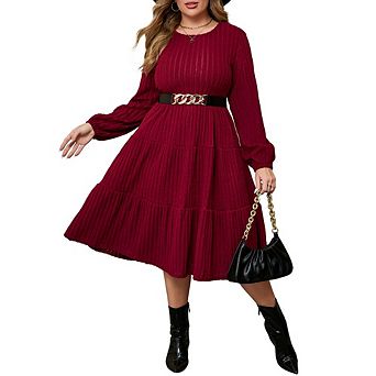 Women Plus Knit Sweater Dress Round Neck Long Sleeves Comfy Pullover Winter Midi Dress with Belt