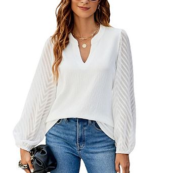 Women Casual Tops Sheer Lace Long Sleeve Blouses Work Office Pleated V Neck Shirt Formal Outfits
