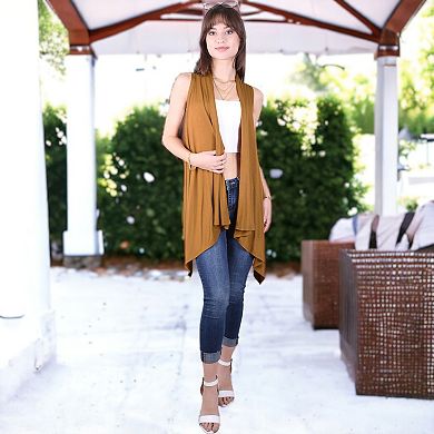 Women's Open Front Sleeveless Crochet Knit Vest with Asymmetrical Hem and Lightweight Draped Design