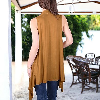 Women's Open Front Sleeveless Crochet Knit Vest with Asymmetrical Hem and Lightweight Draped Design