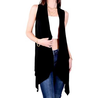 Women's Open Front Sleeveless Crochet Knit Vest with Asymmetrical Hem and Lightweight Draped Design