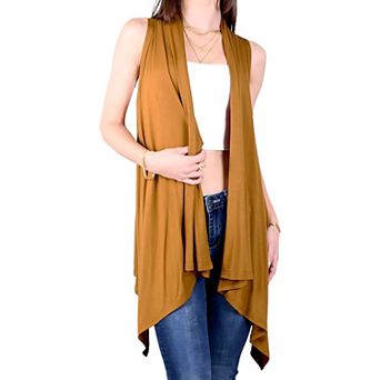 Women's Open Front Sleeveless Crochet Knit Vest with Asymmetrical Hem and Lightweight Draped Design