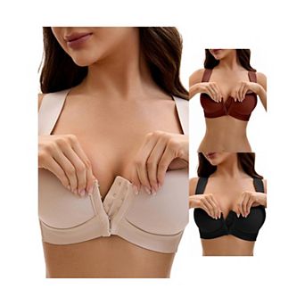 3 Packs Women's Front Closure Push Up Wirefree Wide Straps U Back Tank Bras