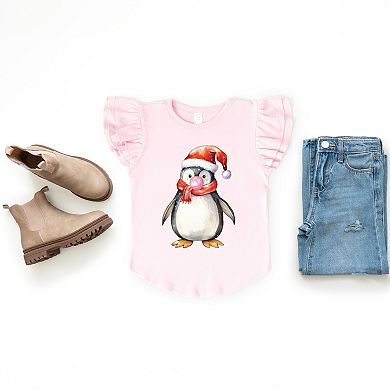 Watercolor Penguin Bubblegum - Flutter Sleeve Graphic T-Shirt
