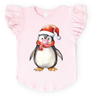 Watercolor Penguin Bubblegum - Flutter Sleeve Graphic T-Shirt